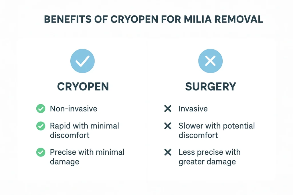 Benefits of cryopen for milia removal Colchester compared to surgical treatments.