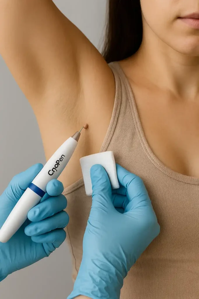 woman having cryopen to remove underarm skin tags Colchester