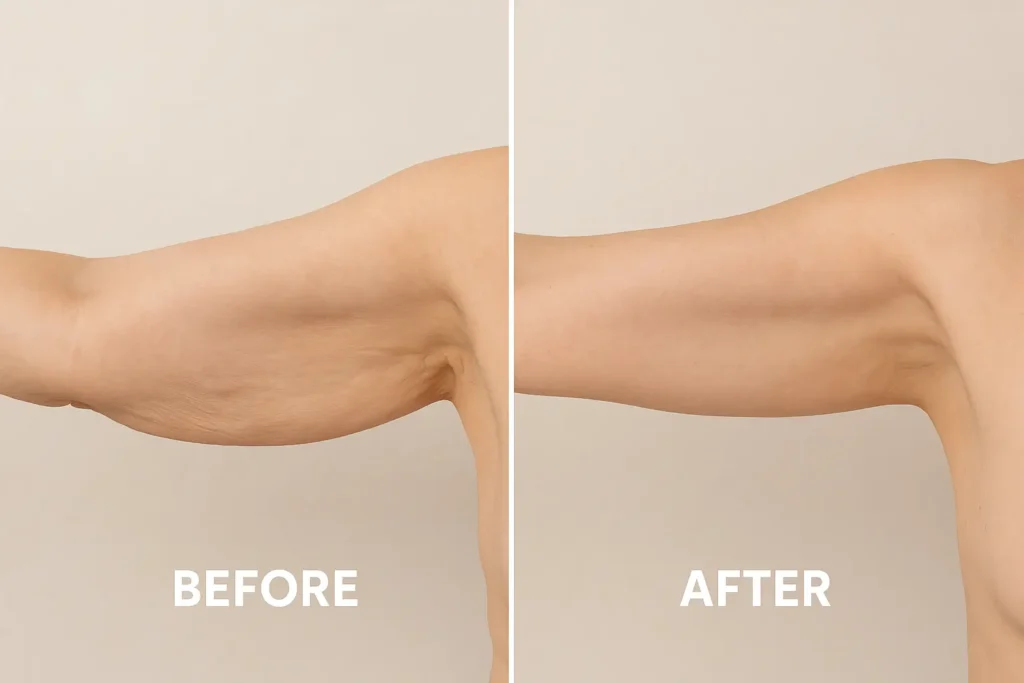 Picture of LA LIPO Colchester before and after results of skin tightening treatment on the upper arms.