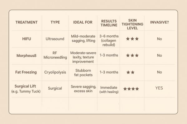 Table showing the comparisons of Skin tightening Colchester treatment options. 